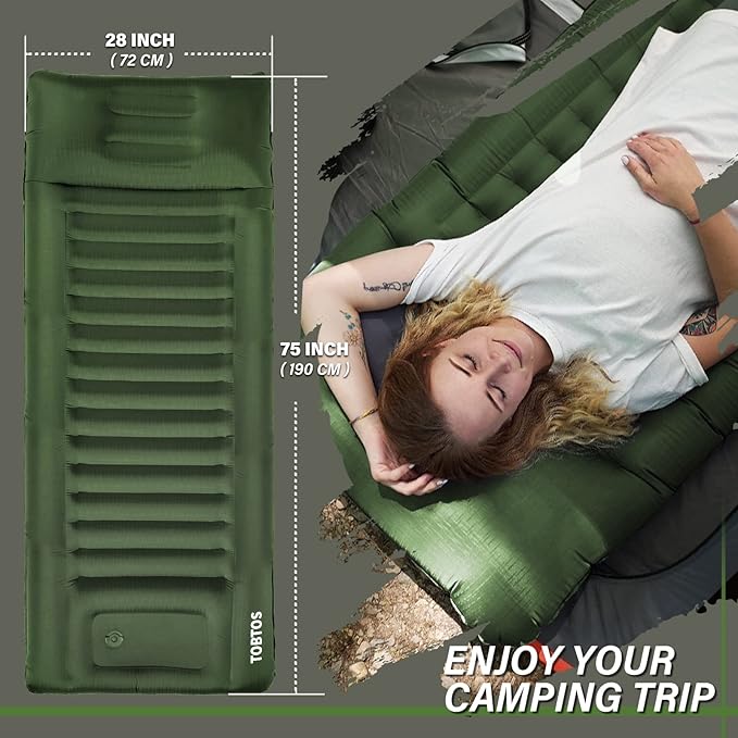TOBTOS Inflatable Camping Sleeping Pad with Pillow Thick 6 Inch Ultralight Sleeping Pad with Built-in Pump Lightweight Sleeping Mat for Camping Backpacking Hiking Tent (Green)