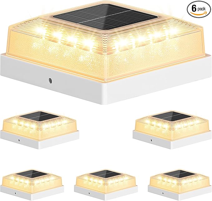 Brightever Solar Post Cap Lights Outdoor with 3 Lighting Modes 6-Pack Solar Fence Post Lights Waterproof Solar Powered Deck Post Lights Fits 4×4 Wood/Vinyl Posts Ideal for Garden Patio Porch White