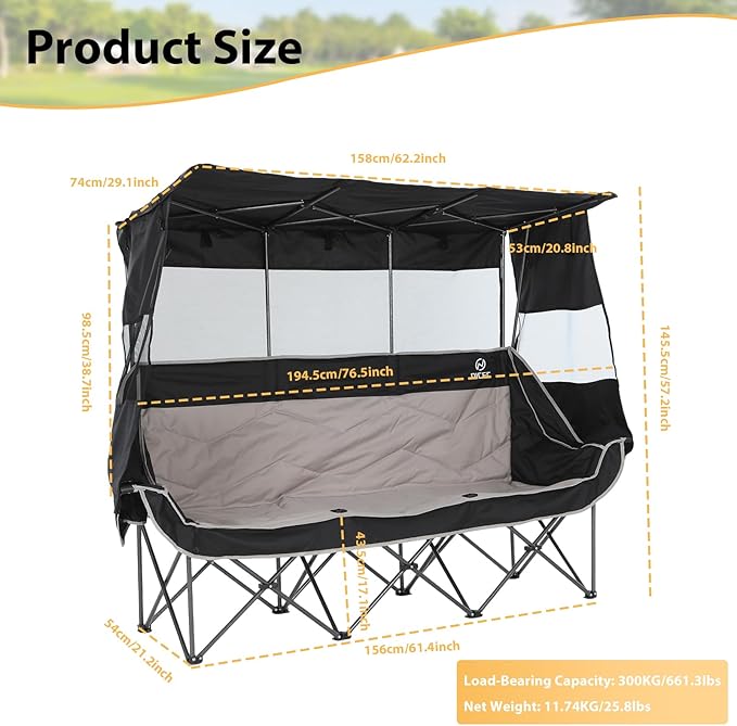 Nice C 3 Person Camping Chair with Canopy Double Chairs with Sun Shade Umbrella Chairs Loveseat Folding Portable Padded Sports Chair with Cup Holder Cooler Bag for Outdoors Lawn (Black&ampGrey