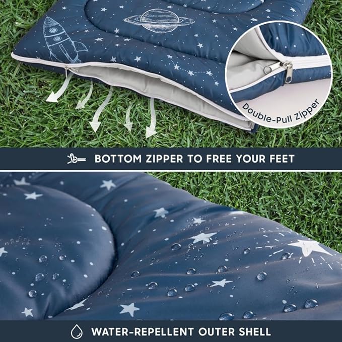 Wake In Cloud - Kids Sleeping Bag for Boys Toddlers Camping in Warm Cold Weather Backpacking Lightweight Compact Outdoor Liner for 3 Seasons Space Stars Rockets Galaxy