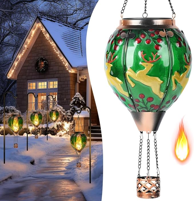 Solar Powered Hot Air Balloon Lantern - Reindeer Glass Lantern Simulated Flickering &amp Dancing Flame Outdoor Hanging Yard Light Waterproof IP65 for Patio Lawn Porch Christmas Decor Gift