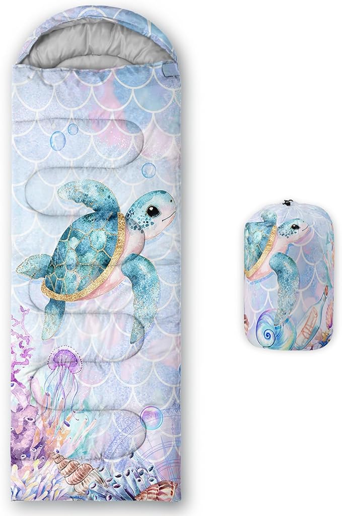 Sea Turtle Sleeping Bag for Kids Boys GirlsOcean Themed Camping GearWaterproof Compact Sleeping Bag for Camping Backpacking Outdoor Hiking.