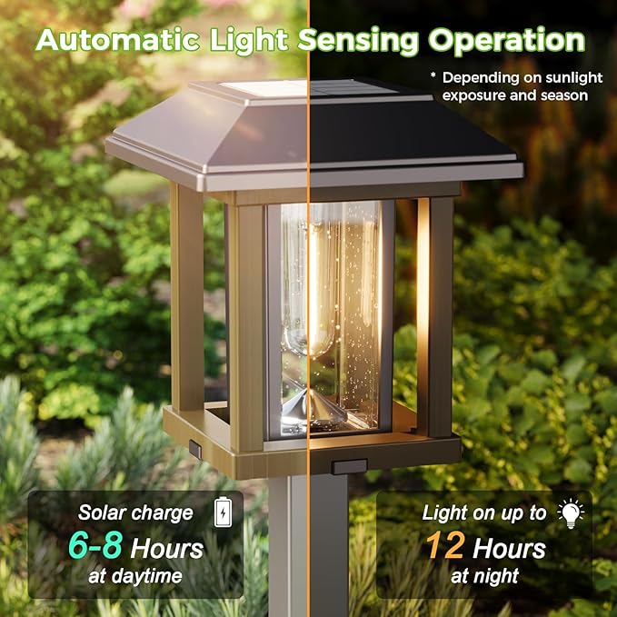 XMCOSY+ 4-Pack Solar Pathway Lights Outdoor 25 Lumens Vintage Edison LED Landscape Lighting IP65 Waterproof Seeded Glass &amp Metal Stakes Solar Powered Garden Lights for Yard Patio Walkway Drivewa