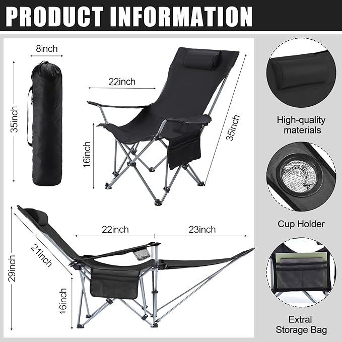2 Set Reclining Camping Chair with Umbrella for Adult Folding Camping Chair with Foot Rest Adjustable Clamp Canopy Shade SPF 50+ Lounger for Outdoor Spring Summer Travel (BlackOxford)