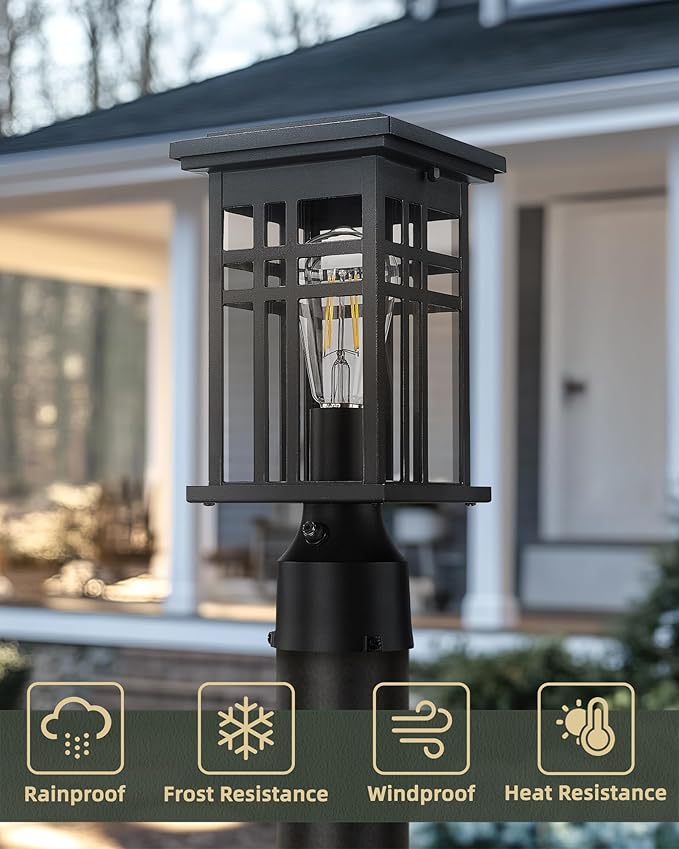 HWH INVESTMENT Outdoor Post Lantern Dusk to Dawn Patio Pole Lamp Post for Yard Garden Waterproof Exterior Lamp Post Lantern with Photocell Sensor Clear Glass 5HD36P PC BK