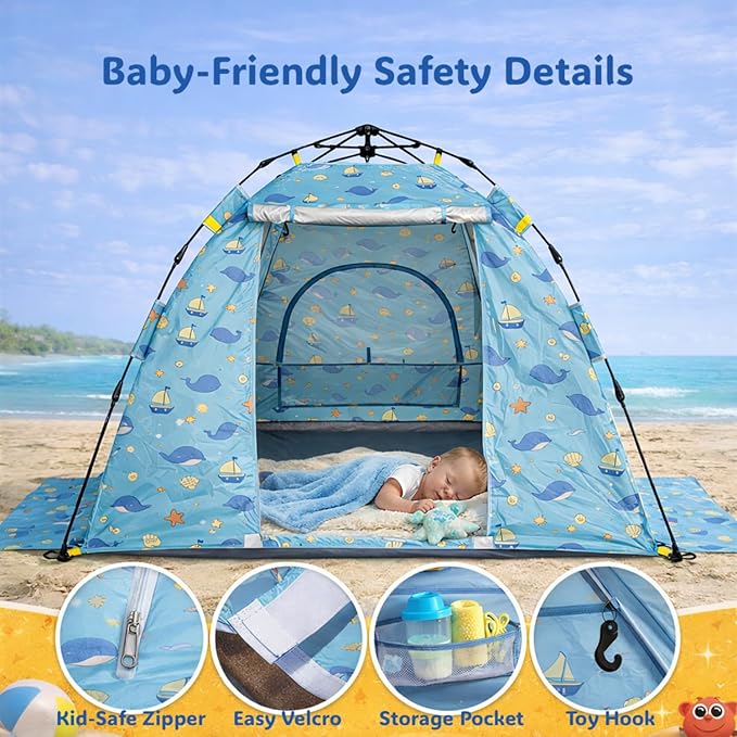 NXONE Baby Beach Tent with UPF 50+ Sun Protection Pop-Up Shade Designed for Toddlers &amp Infants Wind-Resistant Breathable &amp Portable for Family Beach Trips