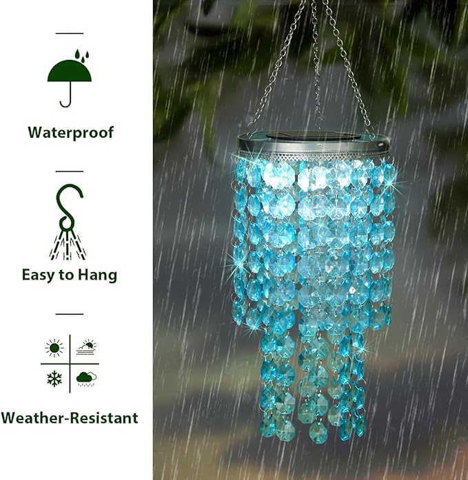 Hanging Solar Crystal Chandelier Outdoor 21” Modern Solar Blue Acrylic Beaded Lantern with Cool White LED S Hooks for Garden Yard Patio Gazebo Outside Decor