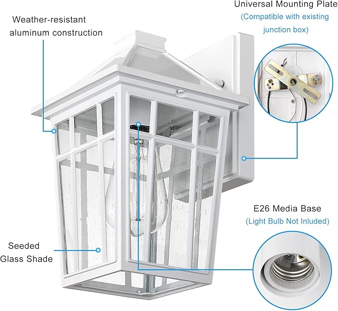 Darkaway Outdoor Sconce Lights Wall Light Fixtures Front Porch Light Outdoor Wall Anti-Rust Waterproof Aluminum with Glass Exterior Light Fixture for Patio Yard Doorway Garage(1 Pack White)