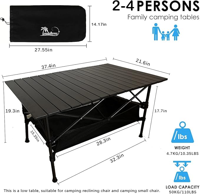LEADALLWAY Folding Camping Table Low Picnic Table with Large Storage and Carrying Bags37.4×21.65×19.69inchs