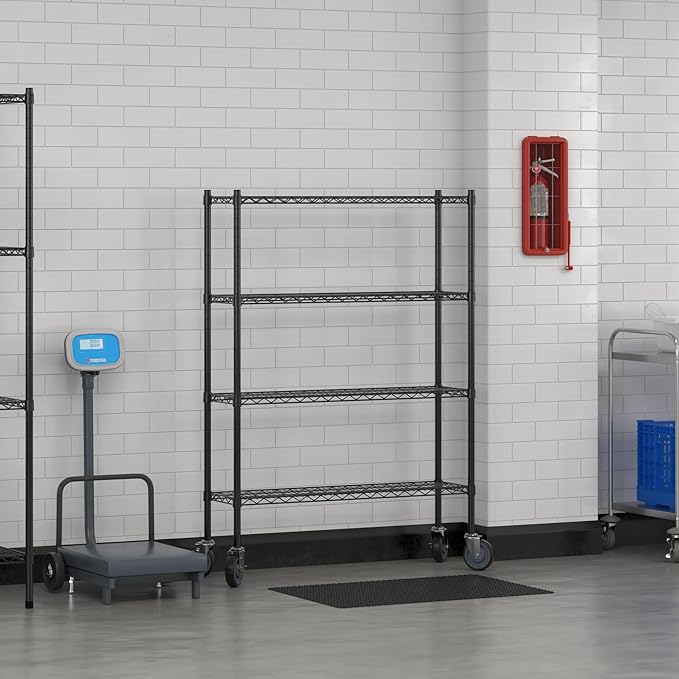 Commercial NSF Listed Black Epoxy Mobile Wire Shelving Kit 12 x 42 x 60 with 4 Shelves Perfect for Warehouse Walk-in Refrigerator Freezer Grocery Store Restaurant Dishroom