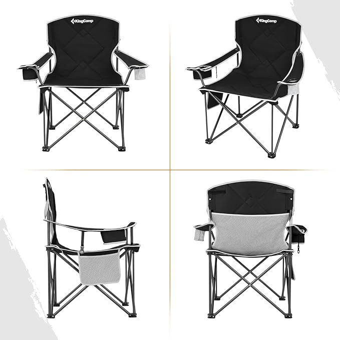 KingCamp Portable Folding Camping Quad Chair Oversized Fully Cushioned Seat with Side Pocket and Cup Holder for Tailgates Beach Lawn