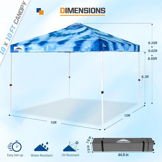 EAGLE PEAK Pop Up Canopy Tent with Wheeled Carry Bag 8 Stakes 4 Ropes 4 Weight Bags Easy Set Up Tent Canopy 10x10 ft 100sqft of Shade Tie Dye Blue