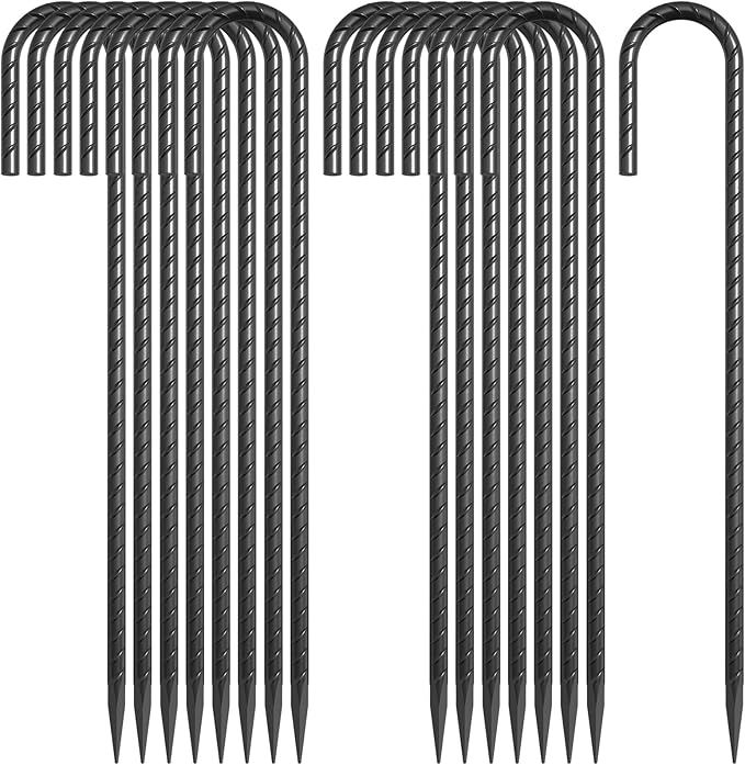 J Hook Rebar Stakes 12 Inch 16 Pack 5/16 Inch Diameter Heavy Duty Steel Tent Stakes Black E-Coated Anti-Rust Ground Anchors for Fencing Tarp Outdoor Decorations Inflatables Bounce House