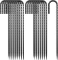 J Hook Rebar Stakes 12 Inch 16 Pack 5/16 Inch Diameter Heavy Duty Steel Tent Stakes Black E-Coated Anti-Rust Ground Anchors for Fencing Tarp Outdoor Decorations Inflatables Bounce House