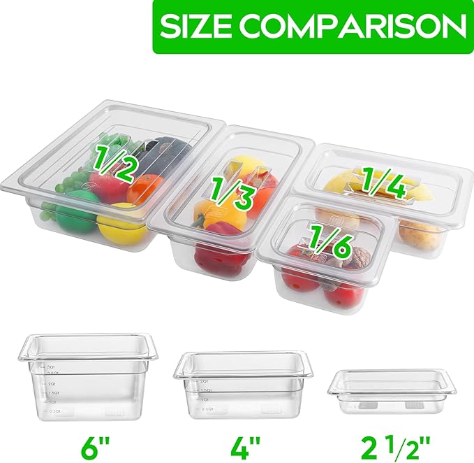 6 Pack 1/4 Size 6'' Deep Clear Food Pans with Lids Commercial Food Pans Polycarbonate Transparent Food Storage Containers Stackable Plastic Pan with Capacity Scale Restaurant Supplies Hotel Pan