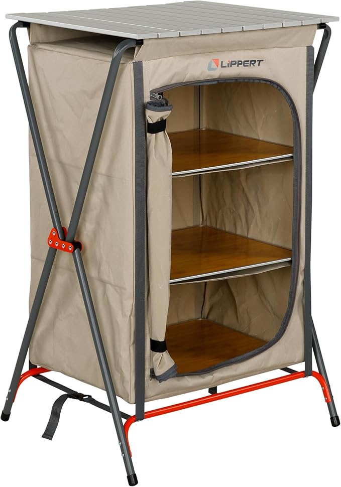 Lippert Sand Outdoor Folding Camping Pantry with Three Storage Shelves 600D Polyester Fabric Powder-Coated Steel Frame Aluminum Slat Top Collapsible Design - 2023053723