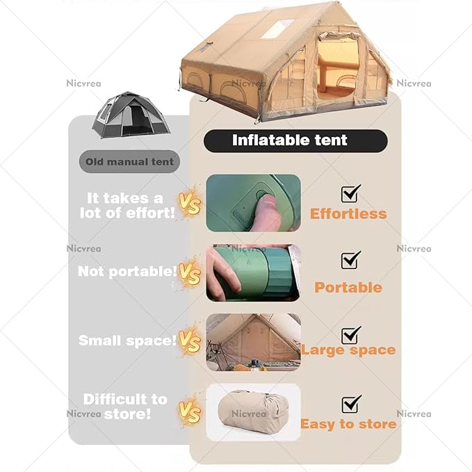 Inflatable Camping Tent with Fireplace Opening and Skylight Outdoor Tent for 2 to 8 People with Air Pump Inflatable Tent in Waterproof Oxford Fabric for 4 Seasons Quick Assembly