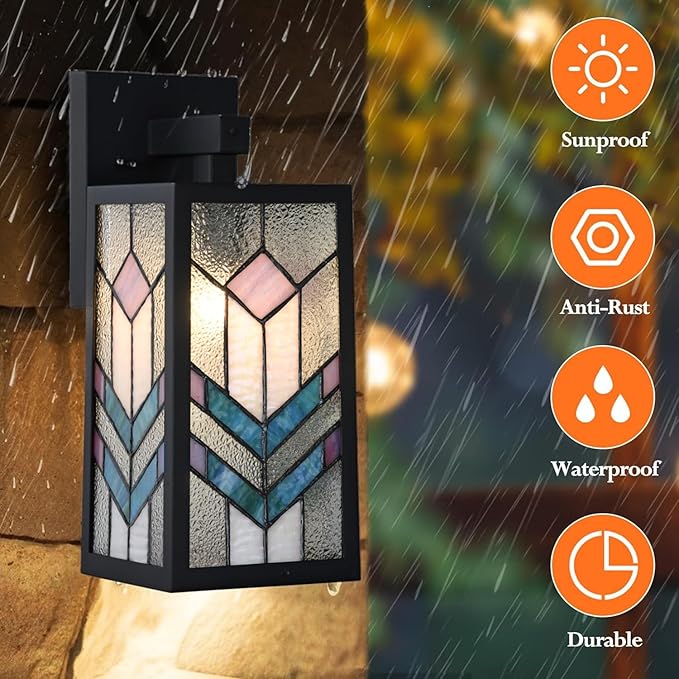 WL0012 Tiffany Style Outdoor Light Fixutres Stained Glass Wall Sconce Exterior Waterproof Wall Lantern Light for Balcony Aisle Hallway W 7X D 6.5 x H 13.5 Inches Bulb Included (Prismara)