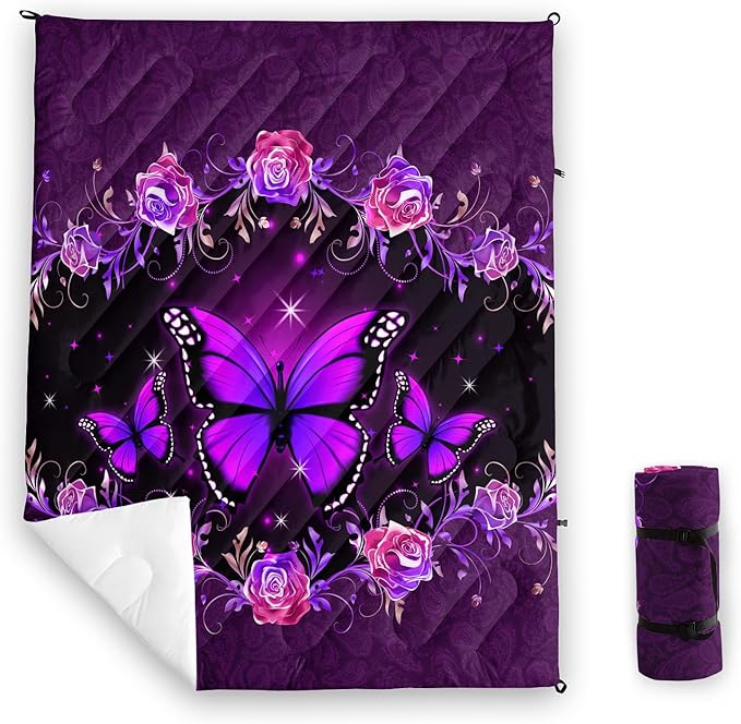 Axolotl Purple Butterfly Camping BlanketRoses Floral Lightweight Puffy Camping BlanketGlitter Starry Portable Outdoor BlanketMagical Waterproof Blanket for Cold Days Plane Picnic Beach Backpacking