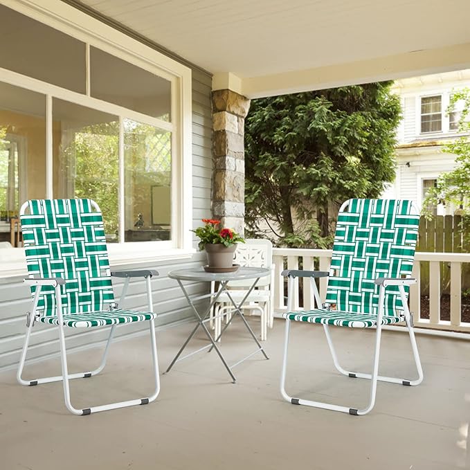 VINGLI Patio Lawn Webbed Folding Chairs Set of 2 Outdoor Beach Chair Portable Dining Chair for Yard Garden (Green Classic)