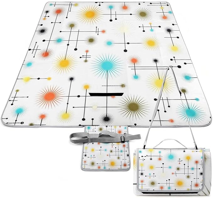 Mid Century Modern Atomic Turquoise Waterproof Outdoor Picnic Blanket Sandproof Beach Mat for Camping Hiking Grass Travelling