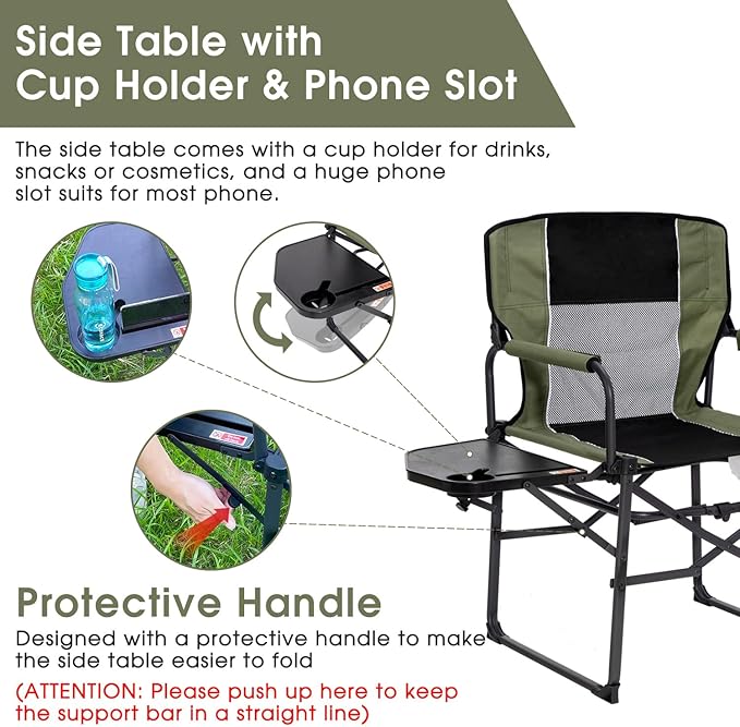 Wide Folding Director Chair with Table Outdoor Camping Chair for Adults with Cup Holder Load 330 Lbs Portable Lightweight Chair for Outside with Carry Bag for Patio Green-2Pack