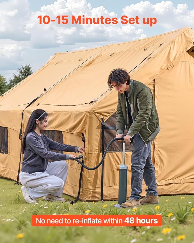 VEVOR Inflatable Tents for Camping Easy Setup Blow up Tent with Hand Pump 4 Season Glamping Tent with Stove Jack Doors &amp Mesh Windows Storage Bag Included for Easy Taking