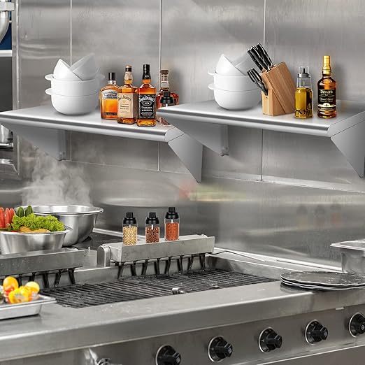 Commercial Stainless Steel Shelf 12 x 36” 2 Pack Wall Mounted Food Service Storage Rack Shelves Heavy Duty 270 lb Metal Shelf for Kitchen Restaurant Food Truck Garage Laundry Room