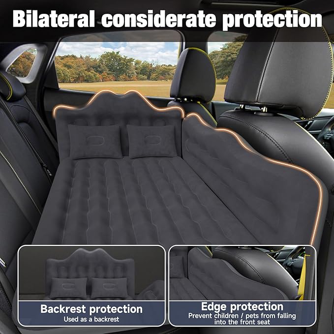 Back Seat Car Air Mattress: Inflatable SUV Car Camping Bed for Truck Van Thickened Double-Sided Flocking Travel Car Sleeping Pad with Air Pump 2 Pillows