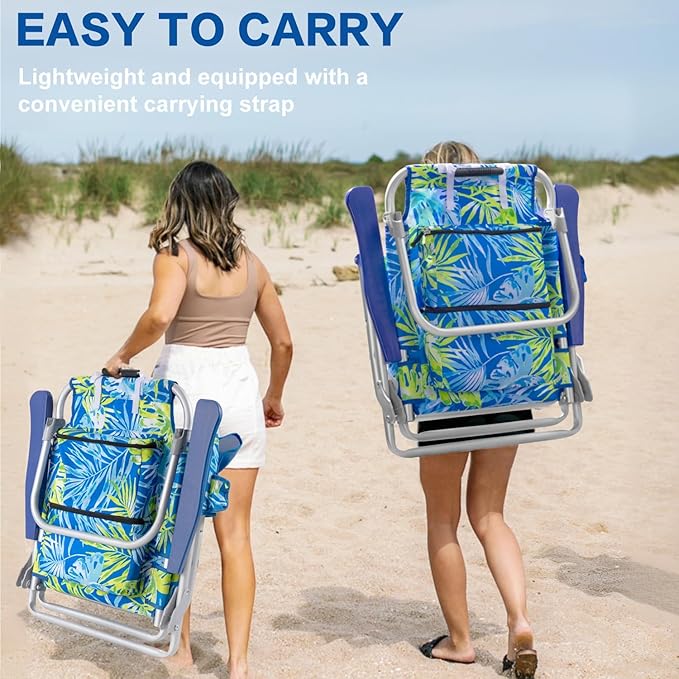 LEMBERI Backpack Beach Chair with Umbrella for Adults1/2 Pack Folding Heavy Duty Camping Chair with Large Pockets and Cup HolderAdjustable high Beach Lounge Chairs with Towel Rack (1 Palm Leaf)