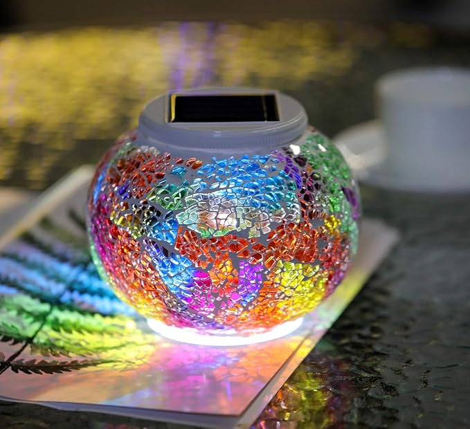 Color Changing Solar Powered Glass Mosaic Ball Led Garden Lights Rechargeable Solar Table Lights Outdoor Waterproof Solar Night Lights Table Lamps for Decorations Ideal Gifts