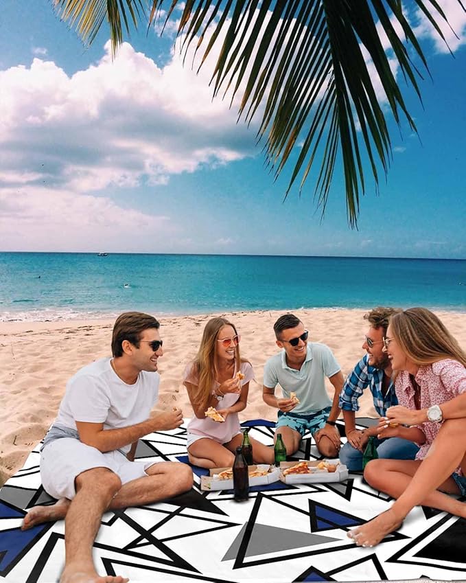 Beach Blanket Waterproof Sandproof OversizedNavy Blue Black Geometric Triangle Beach Mat with Corner Stakes Sand PocketsModern Abstract Style Outdoor Picnic Mat for Travel Camping Hiking118x108In