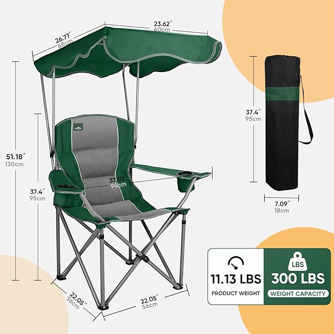Northroad Folding Camping Chairs with Canopy Shade Beach Chair w/Cup Holders Armrests &amp Carry Bag for Outdoors Travel Sports Fishing Green