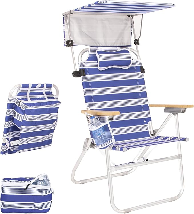 Heavy Duty Tall Beach Chair with Canopy Shade for Adults 17 High Off Ground 4-Position Reclining Insulated Cooler &amp Storage Pouch Bamboo-Finish Arms 300 lb Capacity