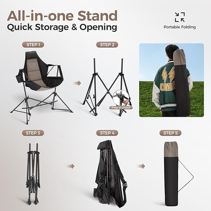 ALPHA CAMP Hammock Folding Rocking Chair with Cup Drink Holder High Back Padded Swinging Chair for OutdoorCamping LawnBackyardPicnic Steel Heavy Duty Portable Oversized(Black)
