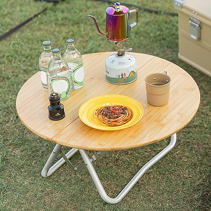 Topyond Camp Table Portable Aluminum Alloy Folding Round Table Lightweight Bamboo Top Camping Table Aluminum Folding Tab for Camping Picnic Self Driving Travel