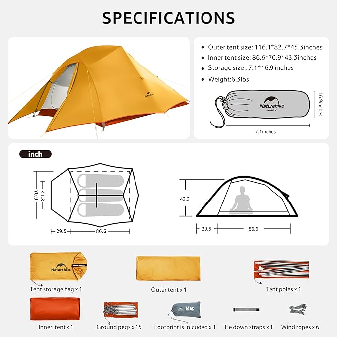 Naturehike Cloud Up 3 Person Backpacking Tent with Footprint - 3 Season Free Standing Lightweight 3 Person Camping Tent | with Footprint Free Standing Dome Camping Hiking Waterproof