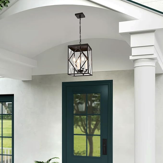 Exterior Hanging Lantern Porch Pendant Lights with Clear Glass Oil Rubbed Brozne Outdoor Pendant Light Adjustable Outside Chandelier Ceiling Mount or Front Porch Entrance Patio Foyer 4 Light