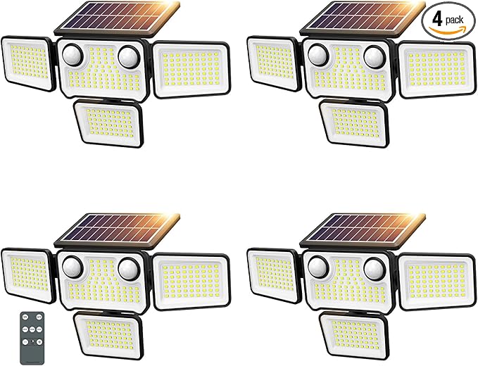 4500LM Solar Lights Outdoor Waterproof 254 LED Solar Flood Lights Outdoor with 2 Motion Sensor 4 Heads Security Light with Remote Control for Yard Outside House Garage 4 Pack