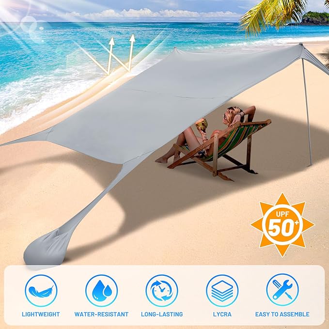 BOTINDO Family Beach Tent Canopy Sun Shade Pop Up Grande Beach Tent Sun Shelter Stability 4 Poles with Portable Carry Bag Outdoor Shade for Fishing Backyard Camping