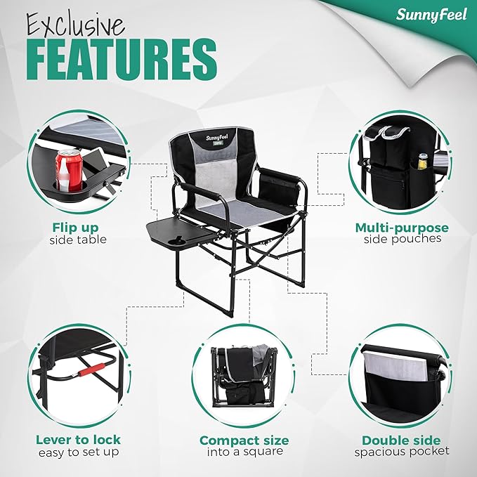 SUNNYFEEL Oversized Camping Directors Chair 500 LBS Heavy Duty Portable Folding Chair with Side Table Pocket for Beach FishingTripPicnicLawnConcert Outdoor Foldable Camp Chairs