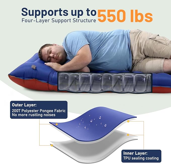 KASBAH Camping Sleeping PadExtra Wide 6 inch Thick Inflatable Sleeping Pads with Built-in Foot Pump and PillowUltralight Camping Mat Gear for Outdoor HikingCamping