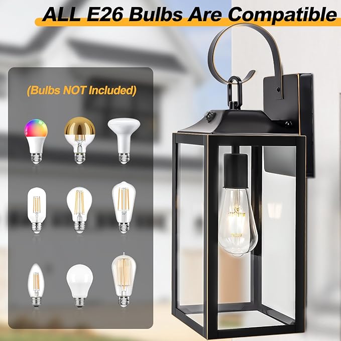 Large Dusk to Dawn Outdoor Wall Light 19 Black Outside Farmhouse Wall Sconce Industrial Wall Mount Light Fixture Waterproof Modern Porch Lighting Exterior Lamp for House -with Gold Trim