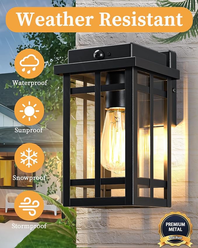 Motion Sensor Outdoor Wall Light Fixtures 2 Packs 9.76''Waterproof Dusk to Dawn Outdoor Lighting Exterior Modern Porch Lantern Anti-Rust Outside Scones for Front Door Garage Patio Black