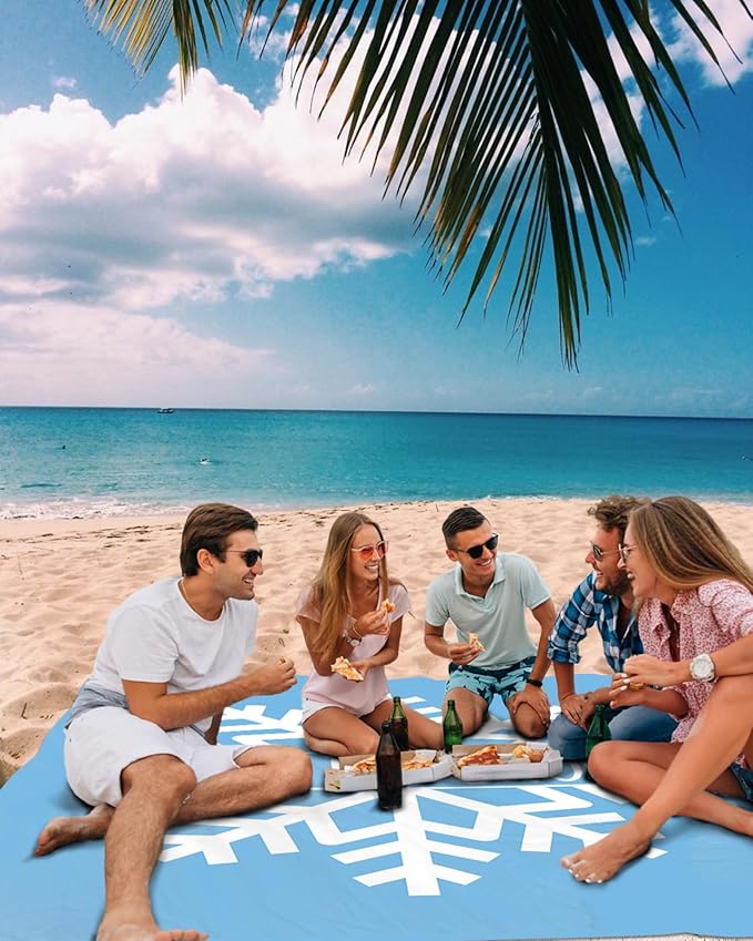 Beach Blanket Waterproof Sandproof OversizedMerry Christmas White Snowflakes Beach Mat with Corner Stakes Sand PocketsWinter Snow Blue Outdoor Picnic Mat for Travel Camping Hiking 83x79In