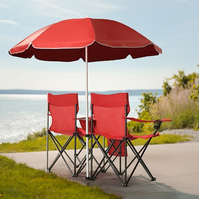 Double Camping Chair with Removable UmbrellaFolding Two-Person Seat Beach Chairs with Cup Holder Cooler BagFolding Camping Loveseat Chairs for Sports Lawn Patio Outside (Red)