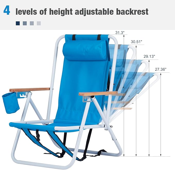Bonnlo Foldable Backpack Carry Camping Chair with Cup Holder Portable 4-Position Reclining Heavy-Duty Supports 265lbs (120 kg) for Beach Lawn Concert Fishing Blue