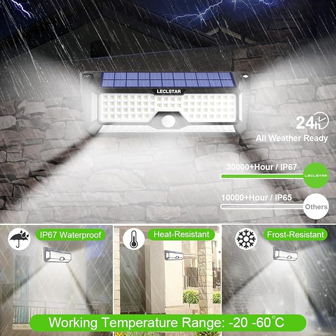 LECLSTAR Solar Outdoor Lights - 4000Lm 268 LED Security Lights with 4 Wide Angle Motion Sensor Lights for Outside IP65 Waterproof Solar Powered Wireless Flood Wall Lights with 3 Modes