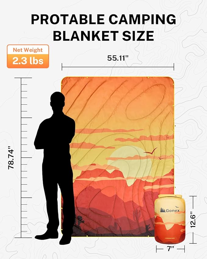 Gonex Camping Blanket with Aero-Warmth Tech Layer Puffy Printed Packable Blanket Ultralight &amp Warm Wearable Water-Resistant Quilt for Outdoor Camping Hiking Travel Picnics 79 X 55(Desert)