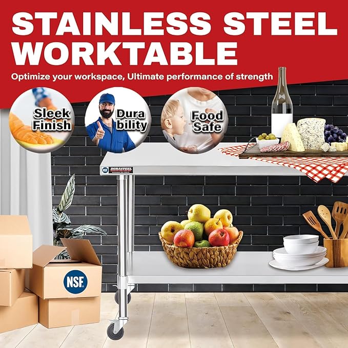 DuraSteel 24x60 NSF Stainless Steel Cart Work Table - Heavy Duty Rolling Food Prep Table Countertop Island - Metal Utility Cart on Wheels Caster Grill Stand Storage Outdoor Kitchen Tables Bar Top